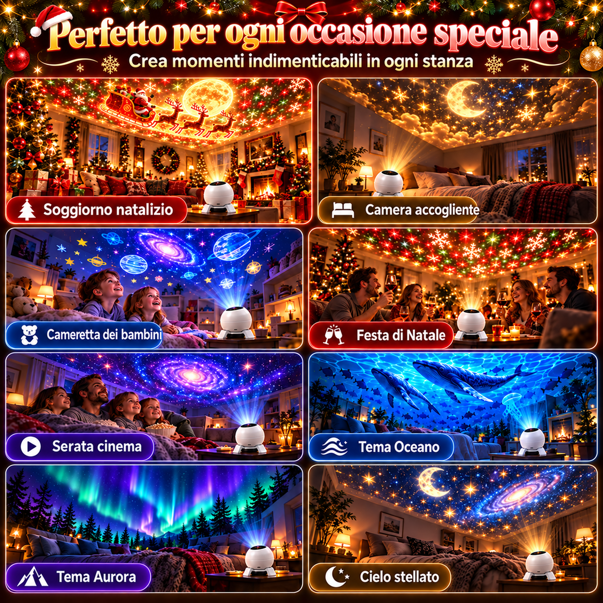 Decorazione natalizia della stanza con proiettore luminoso