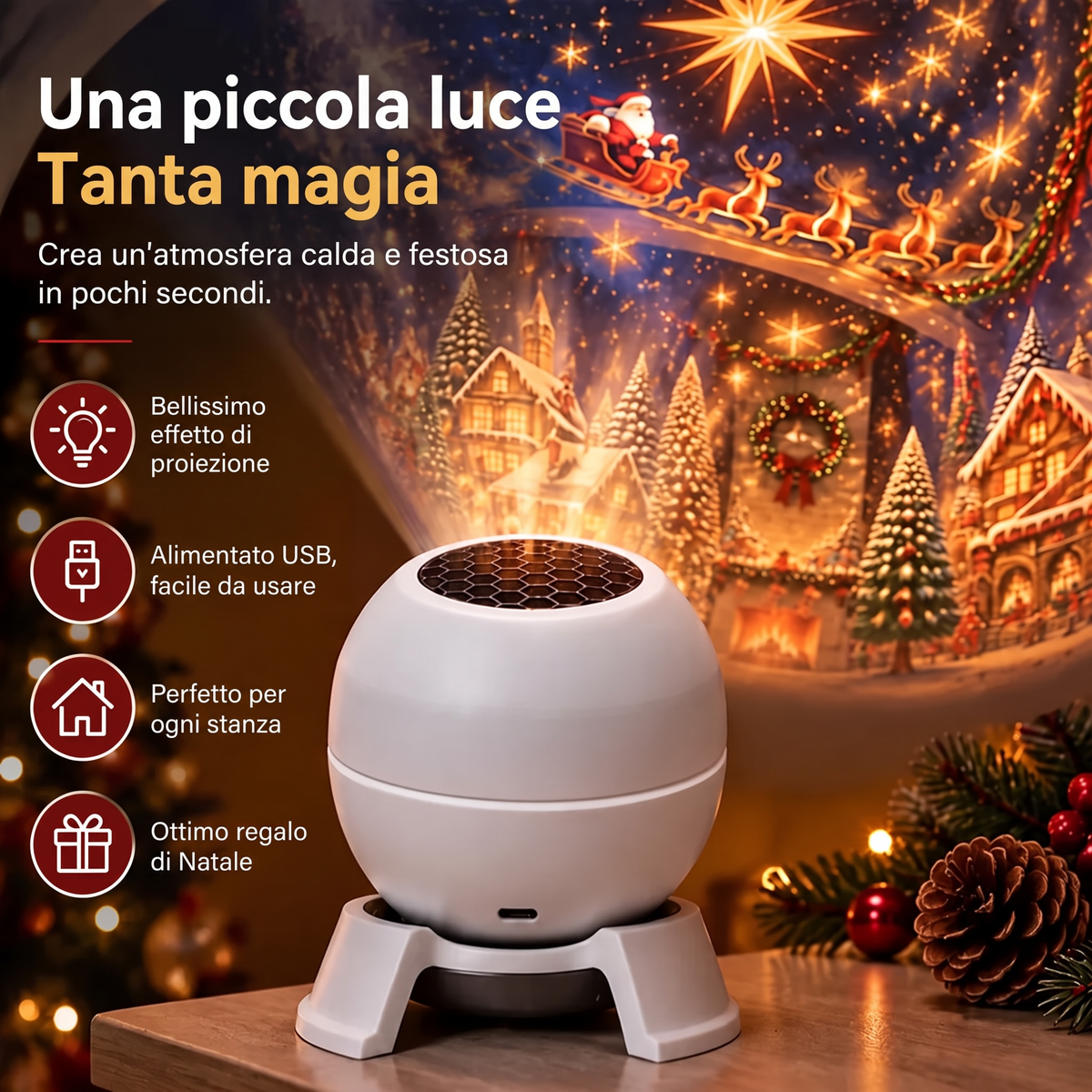 🚢🎅Proiettore natalizio rotante – 8 motivi festivi