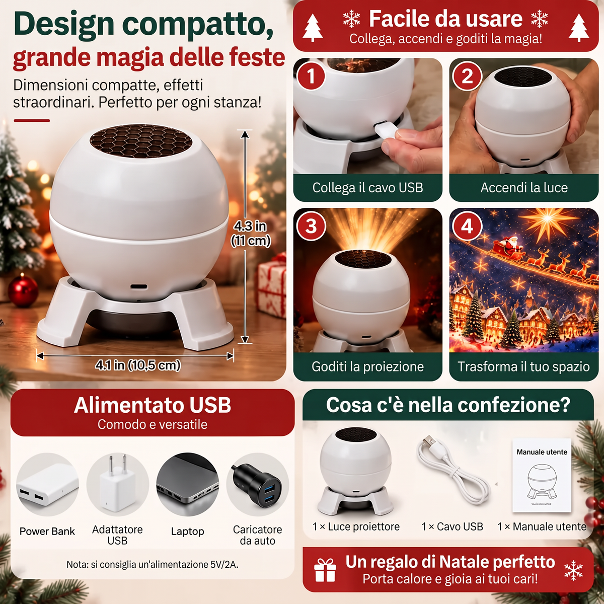 🚢🎅Proiettore natalizio rotante – 8 motivi festivi